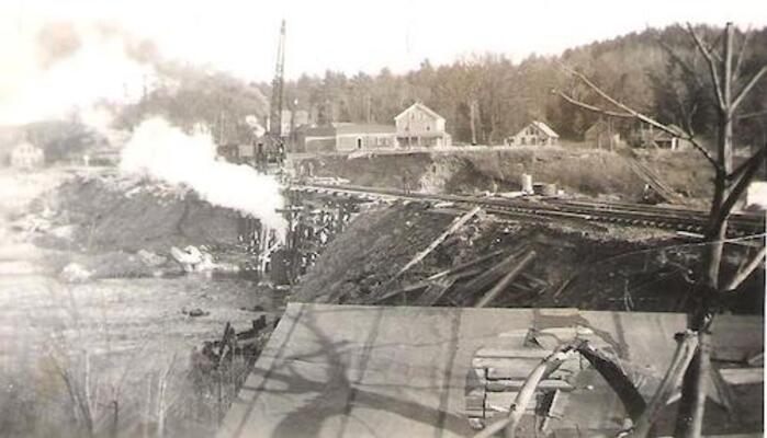 Railroad overpass repair after hurricane and flood of September, 1938