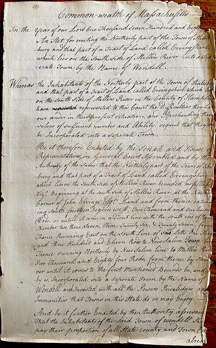 Wendell Town Charter-1781